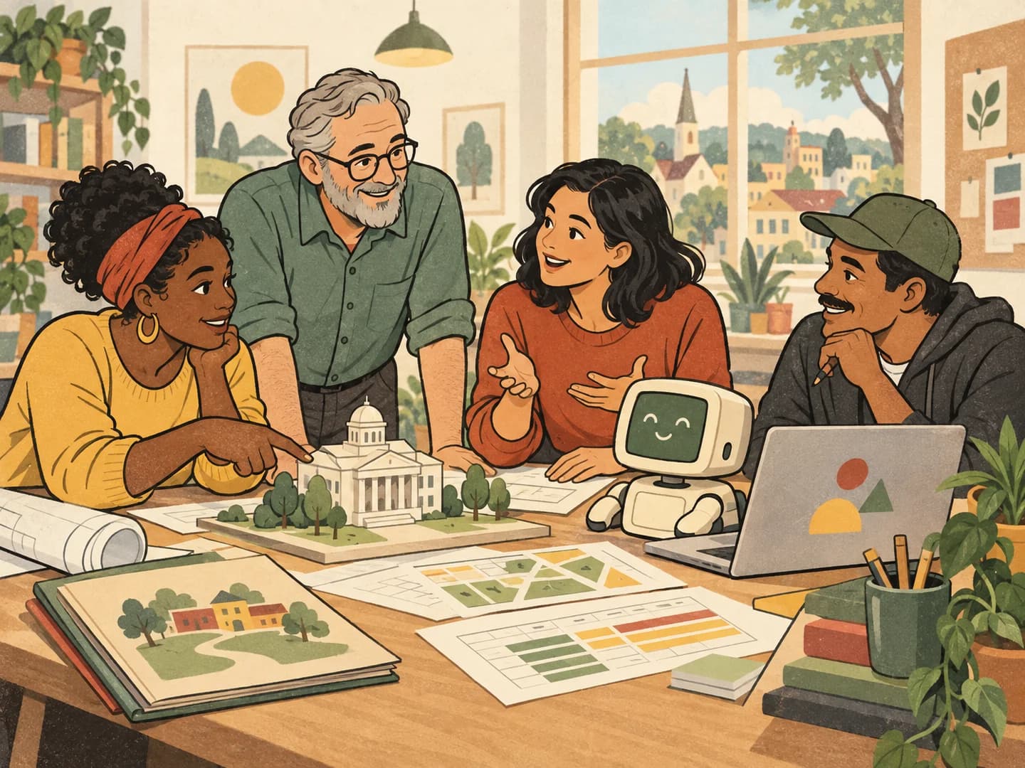 Illustrated team planning community and workplace projects with a friendly AI companion
