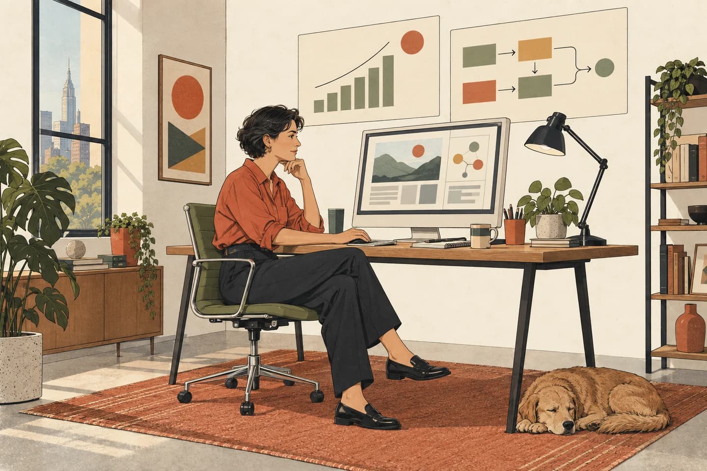 A professional using AI at her workstation, with her own ideas and judgment guiding the work.