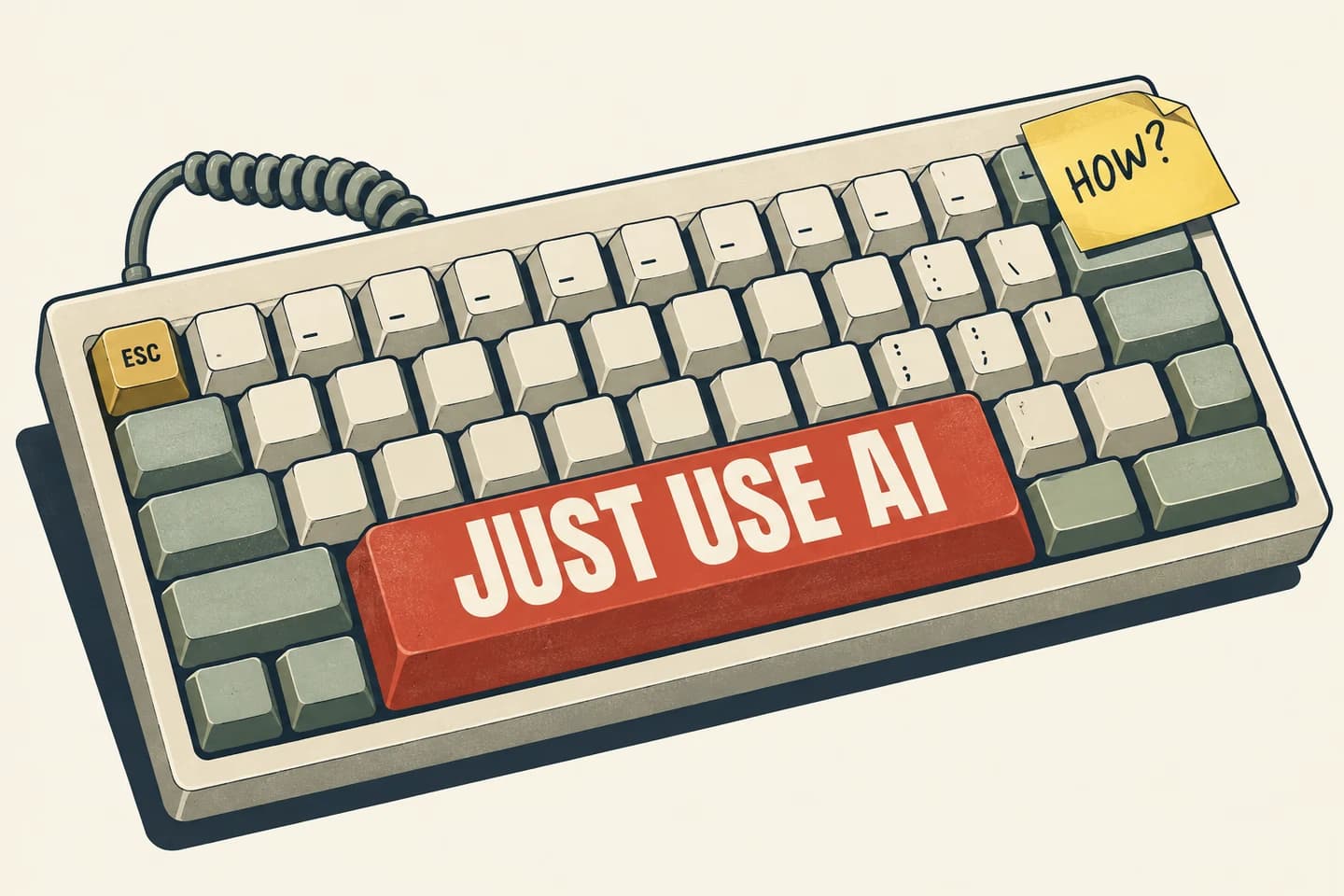 A retro keyboard with an oversized JUST USE AI key and a sticky note asking HOW? — the gap between being told to use AI and knowing where to start.